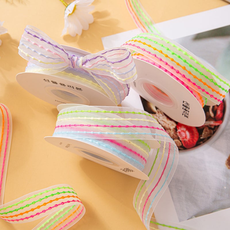 Bubble Striped Snow Gauze Ribbon – 2.5Cm Rainbow Macaron Bow for DIY Gift Box - Image 2